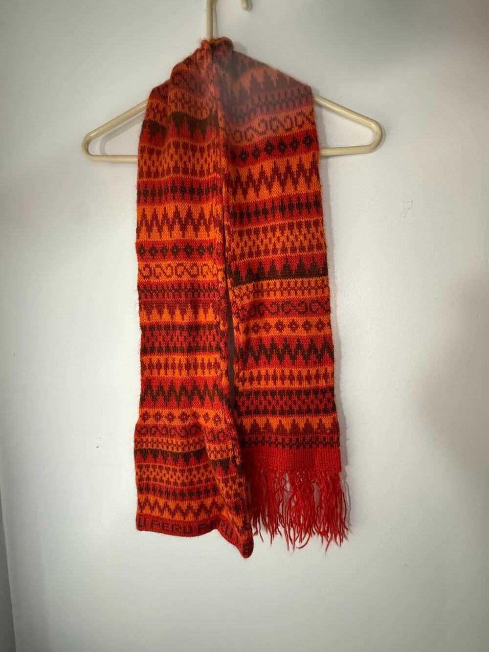 Peruvian Alpaca Scarf Red Orange Andean Woven Fringe Export Style